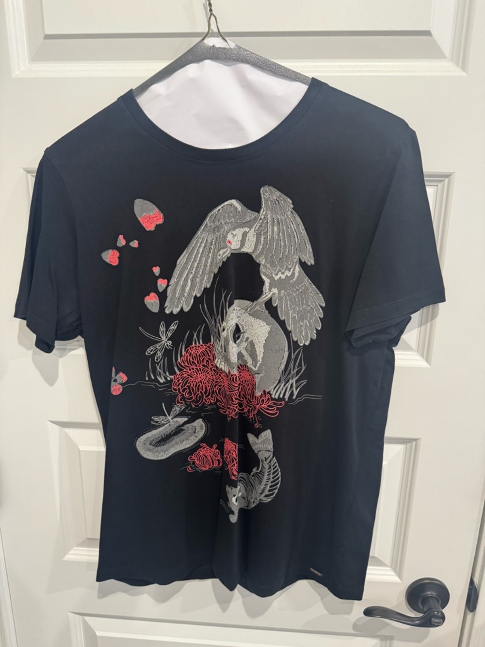 Diesel Black Tee with Silver Logo and Red Floral Detail